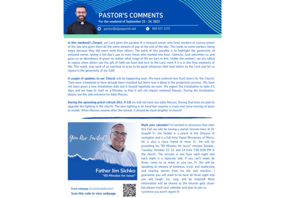 Pastor’s Comments | Sept. 23 – 24, 2023