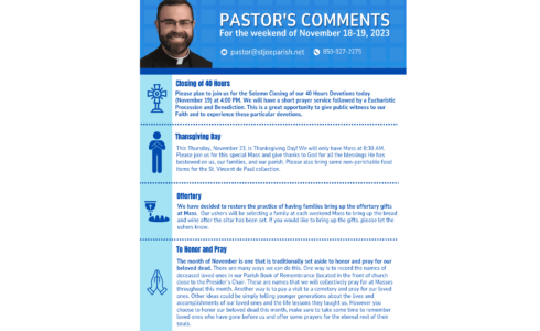 Pastor’s Comments | November 18 – 19, 2023